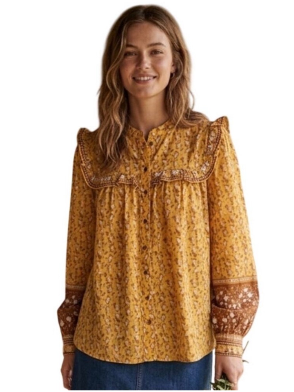 Joie Mustard Floral Ruffle Button Down Peasant Top Medium